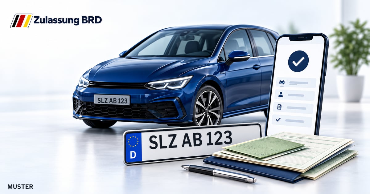 Online Fahrzeugzulassung in Eisenach: Musterkennzeichen SLZ AB 123, Auto und Fahrzeugpapiere und Smartphone. Illustration mit Logo von Zulassung BRD.